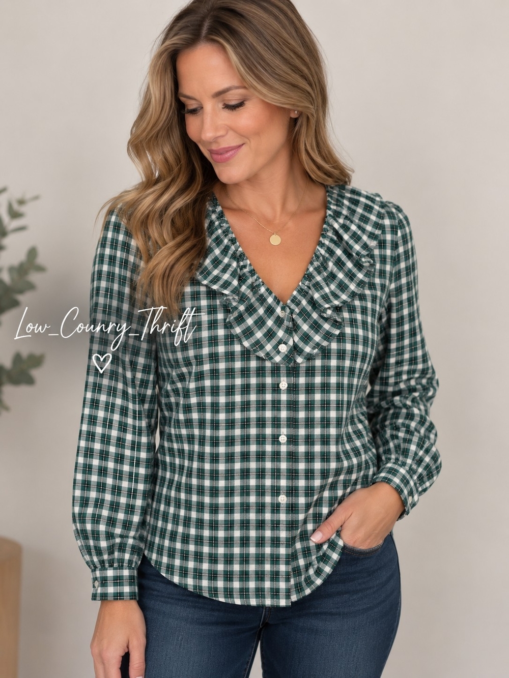 Ann Taylor NWT Blouse Women's Small Green White Plaid Ruffle V Neck